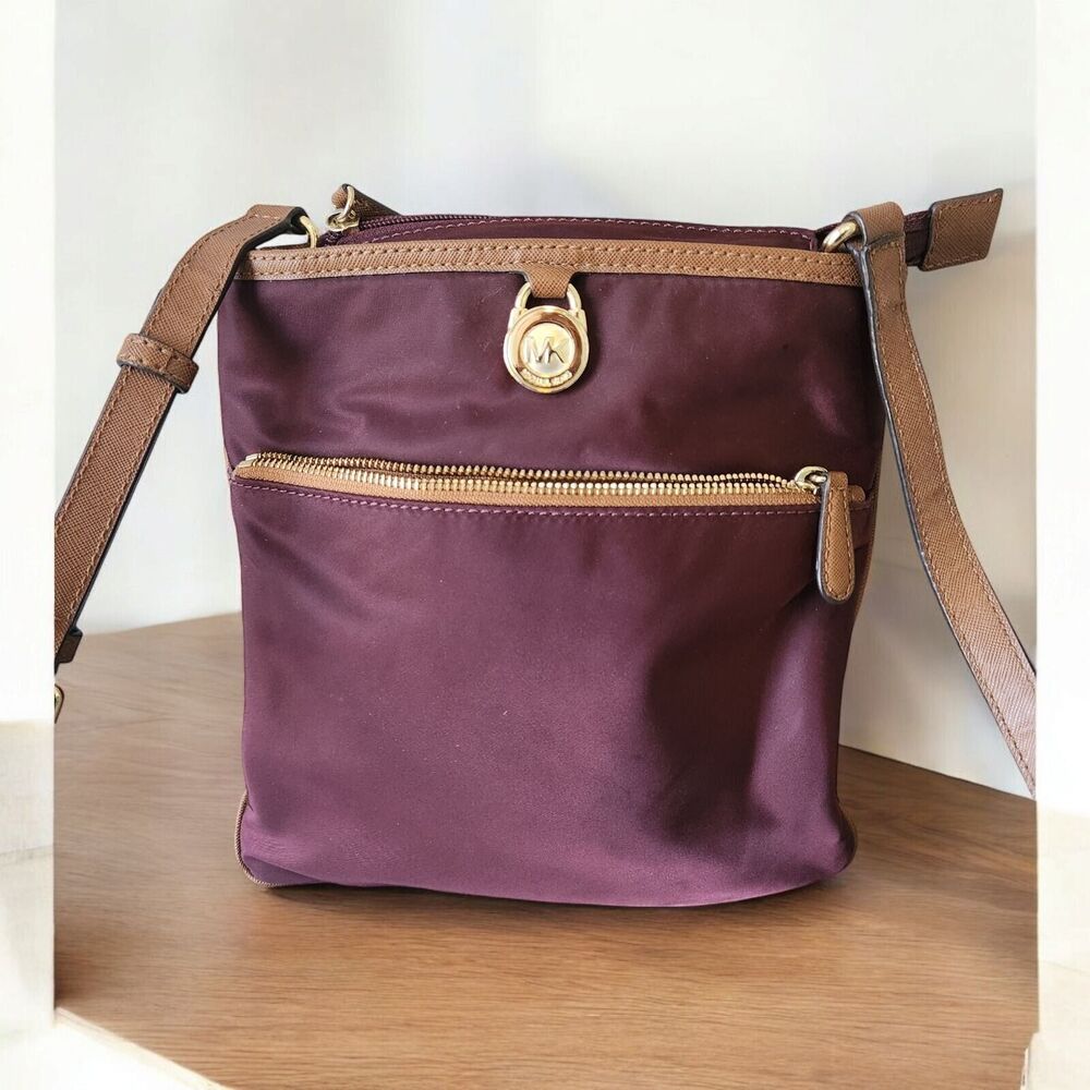 Michael Kors Kempton Crossbody Bag Merlot Front Zipper Pocket Brown‎ Strap Purse